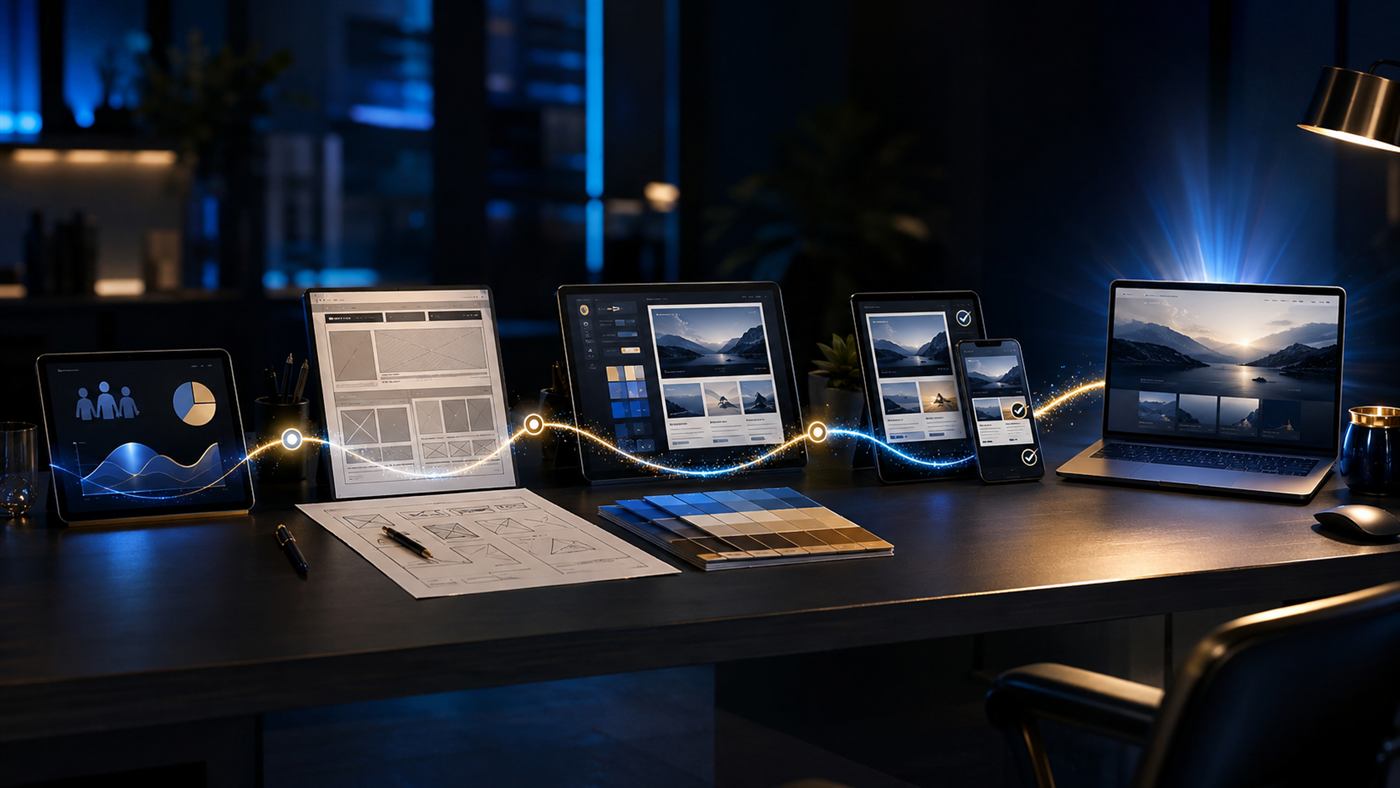 Mesa com dispositivos mostrando a evolução de um site, do esboço ao resultado final