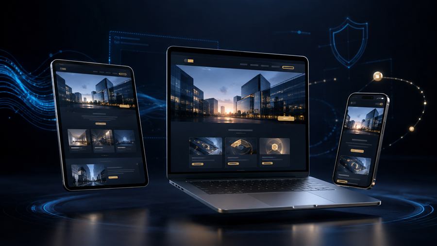 Mockups de site profissional em tablet, notebook e celular
